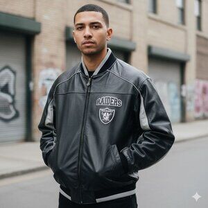 Carl Banks G-III Vtg  Raiders Leather Varsity Jacket Rare Black/Silver Medium